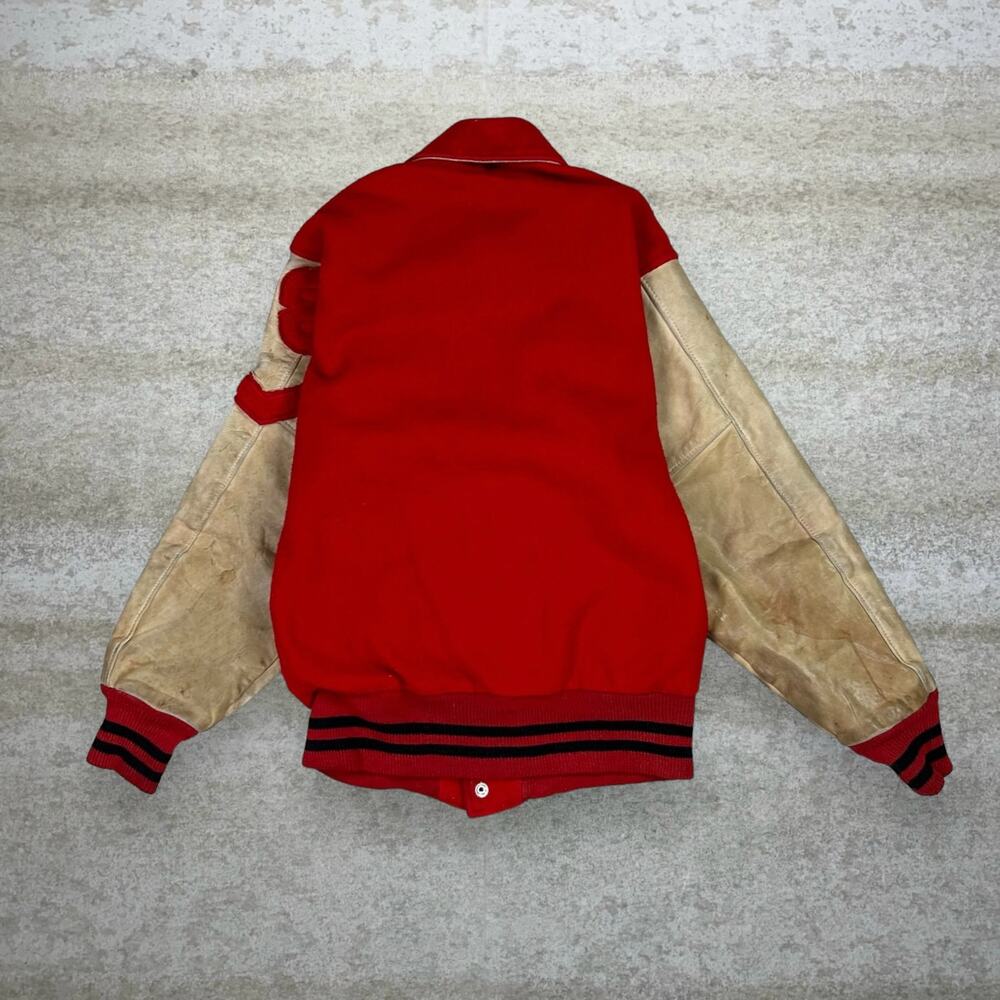 True Vintage 50s Ripon Varsity Jacket Mens XS Red Tan Leather Sleeves Wisconsin - Picture 2 of 5